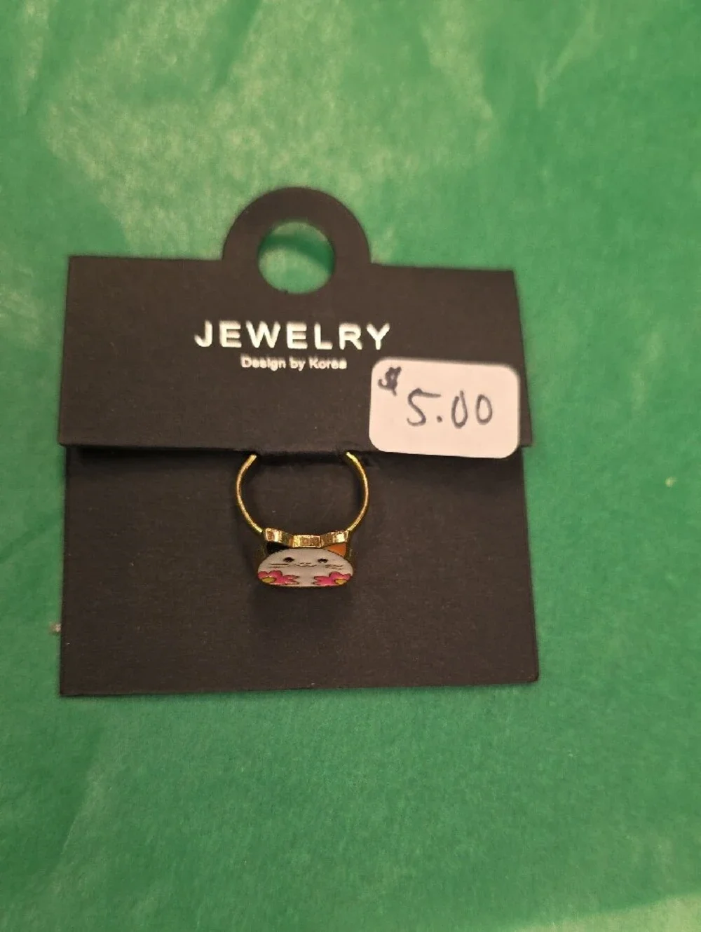 Gold Tone Cat Enamel Ring with Pink Flower Accents